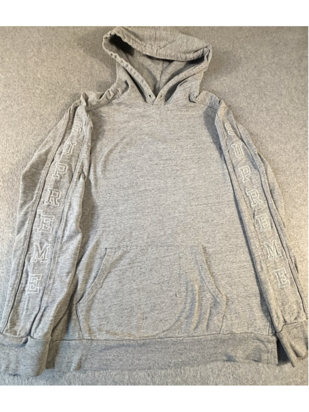 Supreme Sleeve Logo Pullover Hoodie Mens Large Gray Zipper Detail Distressed